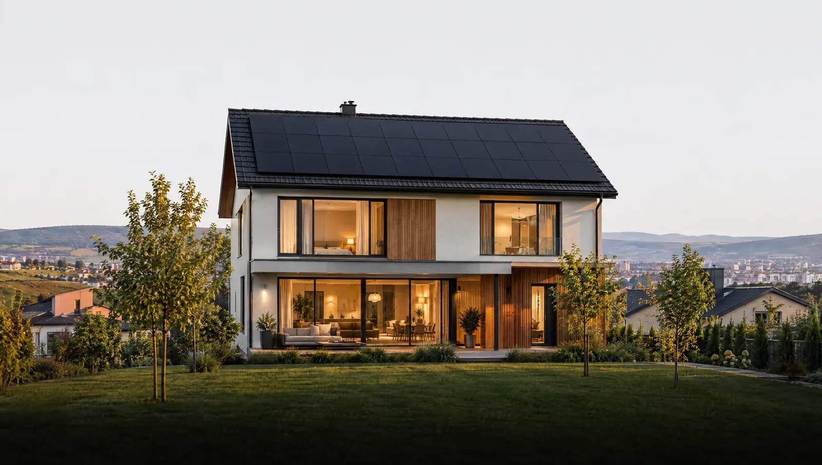 Casă modernă din zona Clujului cu panouri fotovoltaice full black pe acoperiș