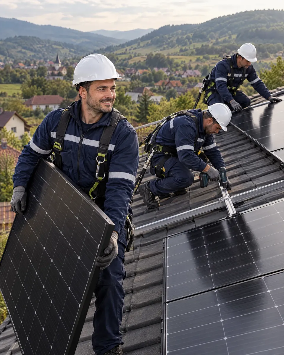 Echipa Napolo Energy montând panouri fotovoltaice pe un acoperiș lângă Cluj